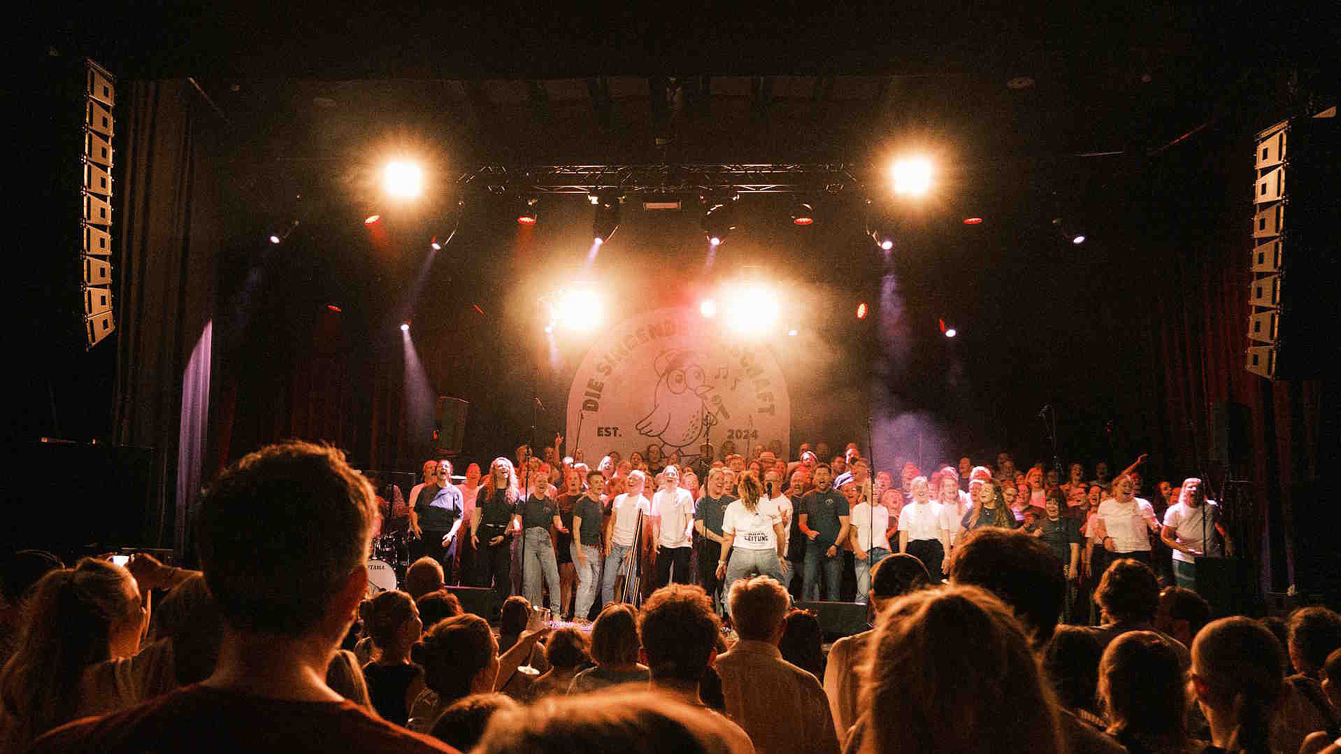 Der Chor auf eine mit warmen Licht erleuchteten Bühne und mit viel Spaß.